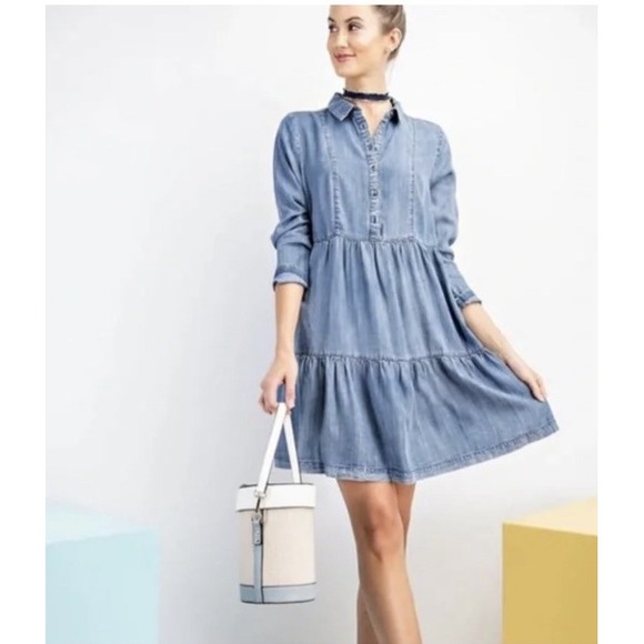 easel Dresses & Skirts - Easel Womens Babydoll Tiered Denim Dress Size Large Light Wash Cottagecore